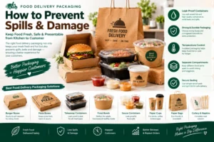 Food delivery packaging designed to prevent spills and damage, featuring leak-proof containers, secure lids, takeaway boxes, food bowls and sauce cups