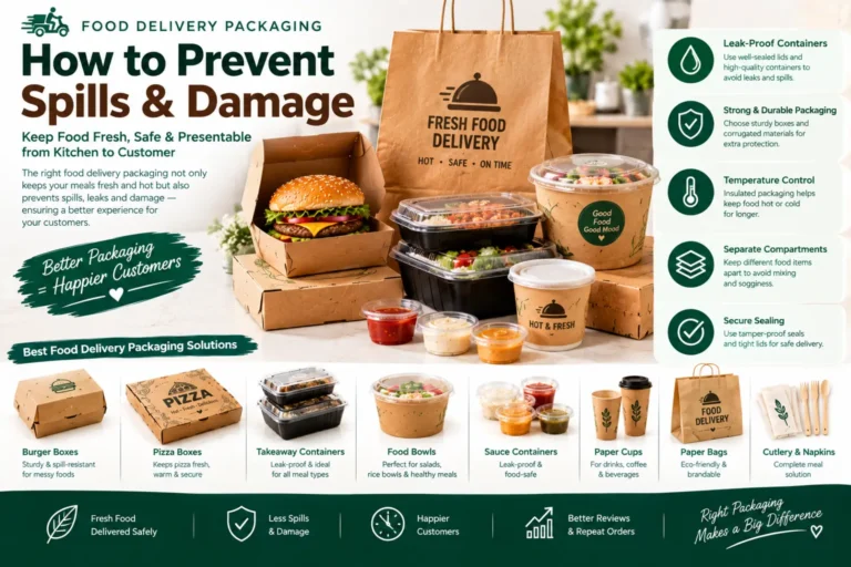 Food delivery packaging designed to prevent spills and damage, featuring leak-proof containers, secure lids, takeaway boxes, food bowls and sauce cups