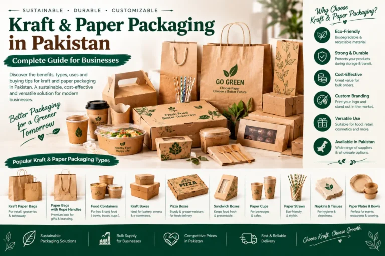 Kraft and paper packaging in Pakistan including paper bags, kraft boxes, food containers, pizza boxes, cups, bowls and takeaway packaging for businesses